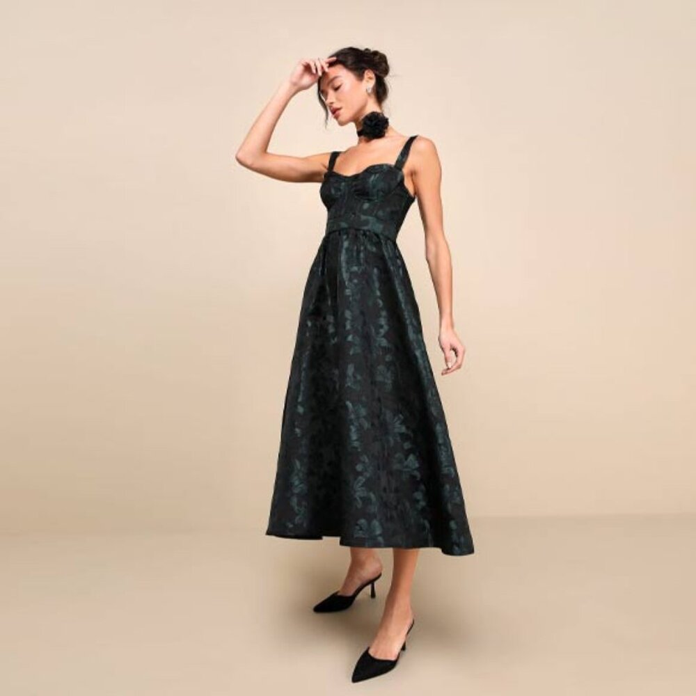 Dramatically Romantic Black Floral Jacquard Bustier Midi Dress